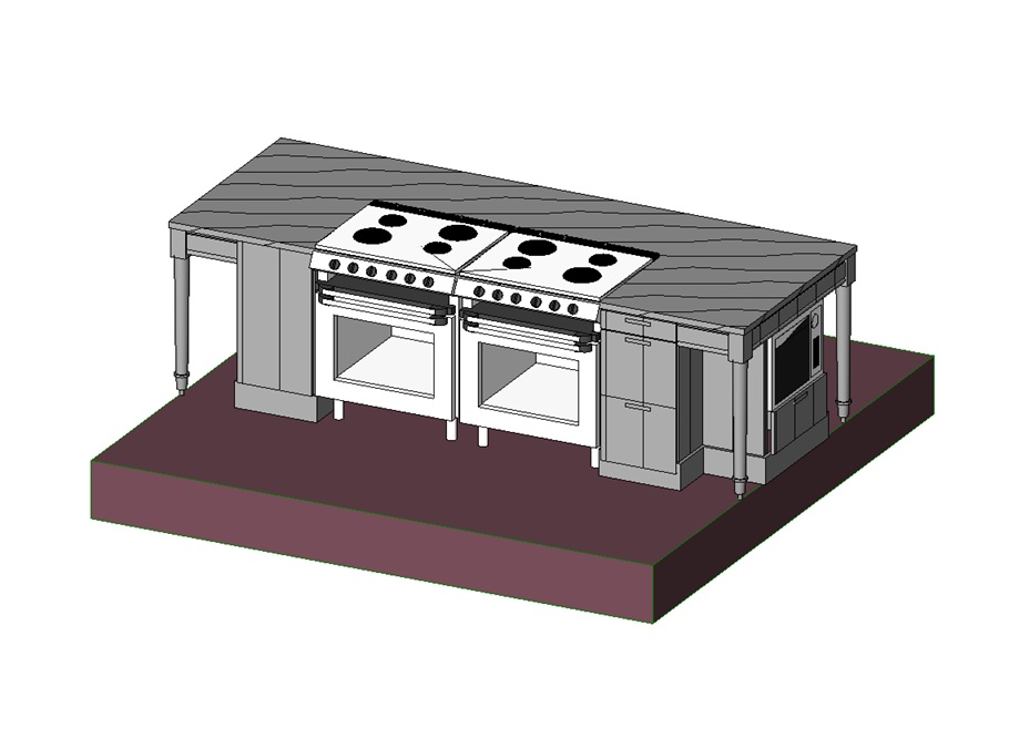 Commercial kitchen island with ranges
