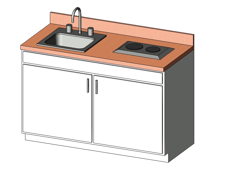 Kitchen base cabinet with sink and cooktop