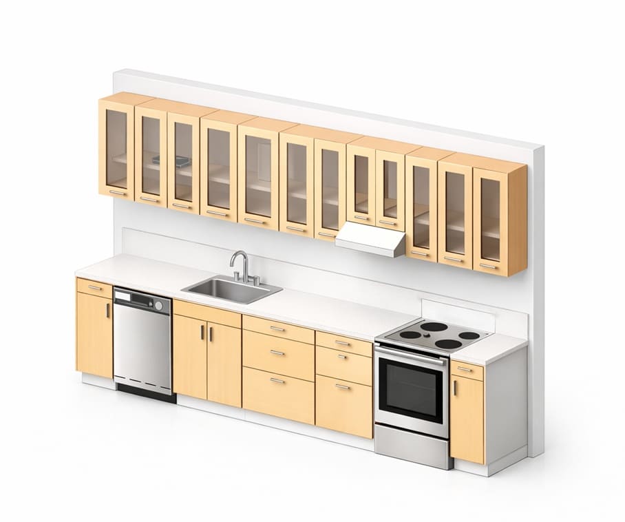 Kitchen casework with modern glass uppers 1 Linear Kitchen Casework