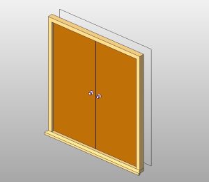 Double wooden door with detailed frame