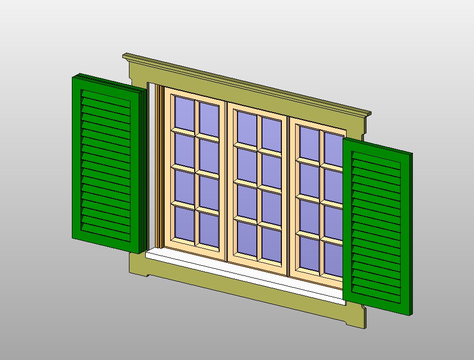 Window with detailed louvered shutters
