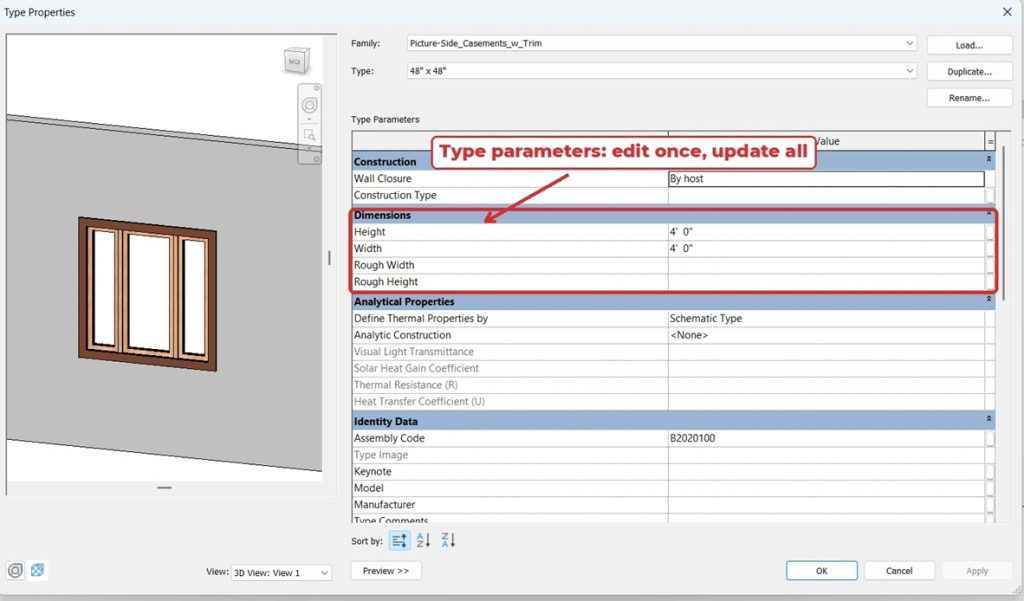 Parametric Revit window family parameters in type properties