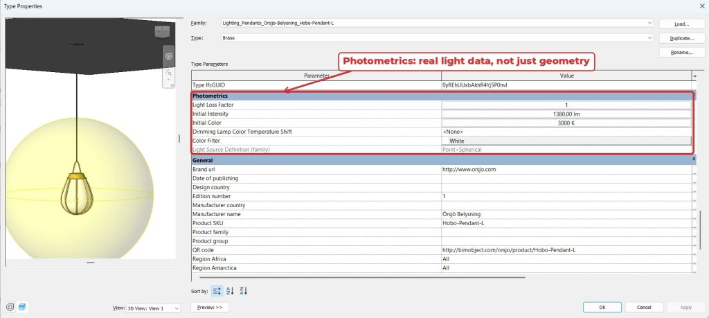 Revit lighting family Photometrics group with light source data