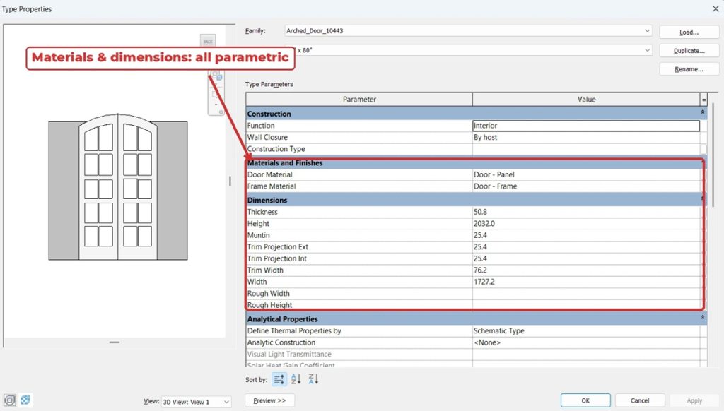 Parametric Revit door parameters in type properties
