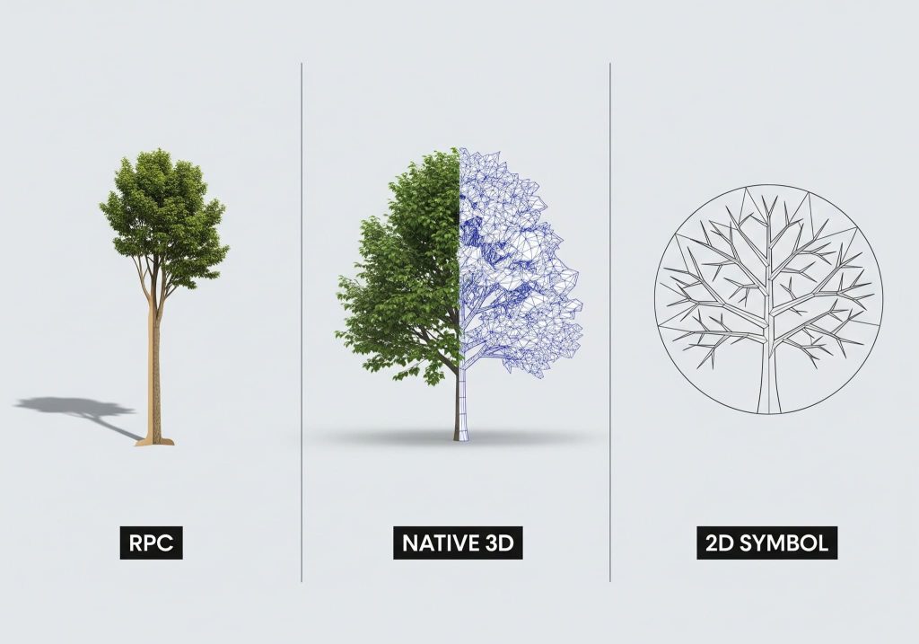 Comparison of RPC, native 3D and 2D symbolic vegetation families in Revit