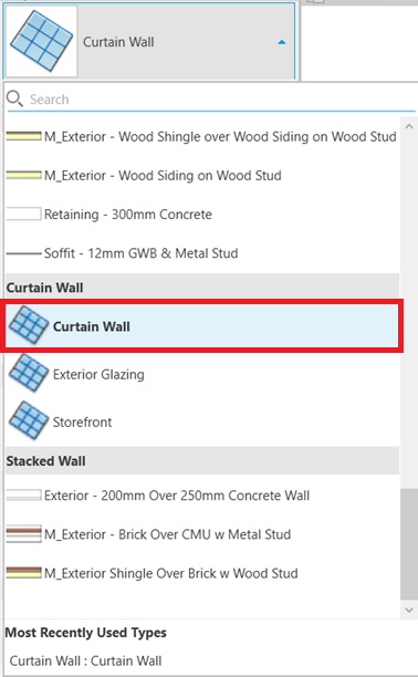 How to make curtain wall in Revit: choosing a curtain wall type in the Type Selector