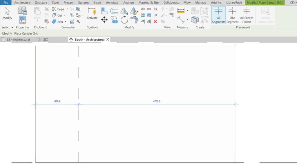 Placing a curtain grid on a Revit curtain wall