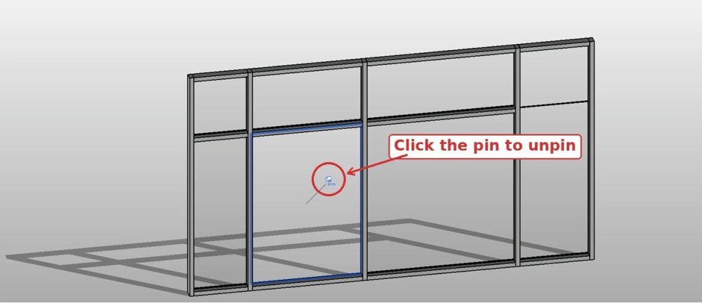 Selecting and unpinning a curtain wall panel in Revit