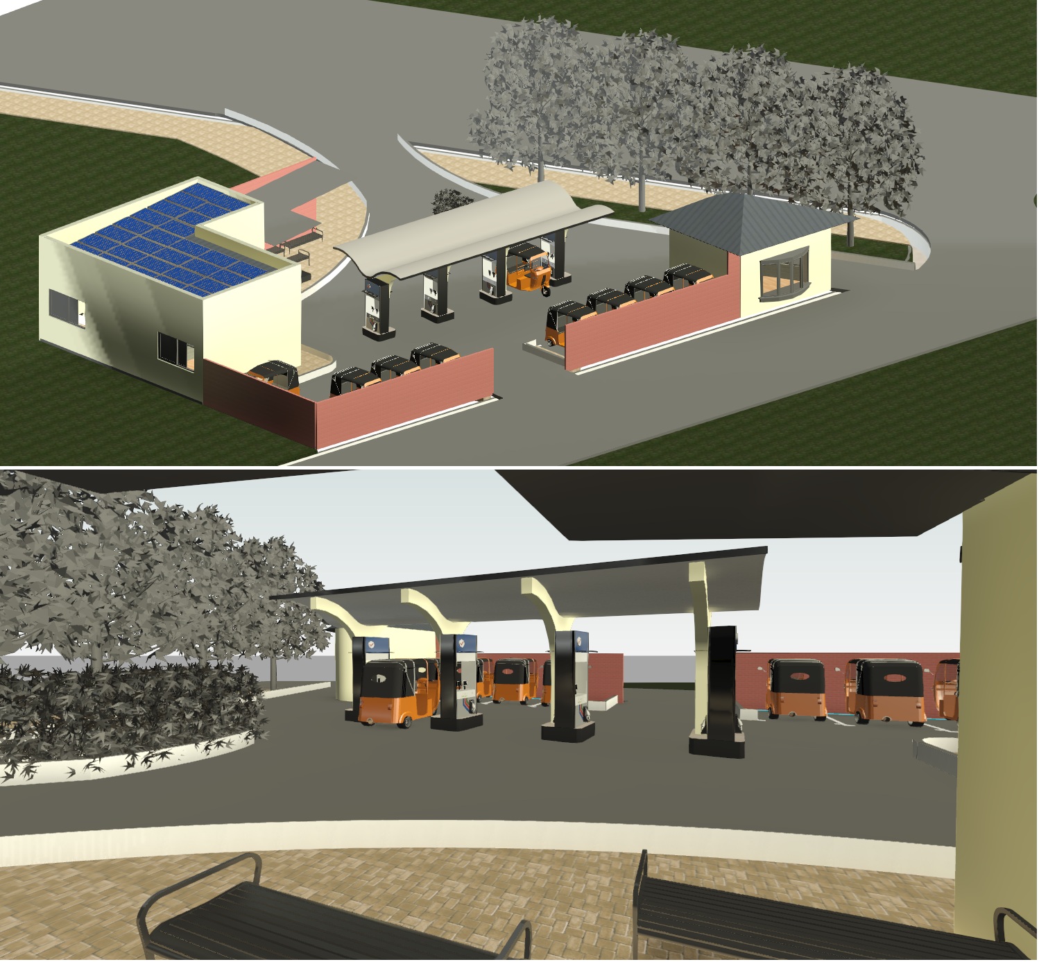 Electric tricycle park with solar roof