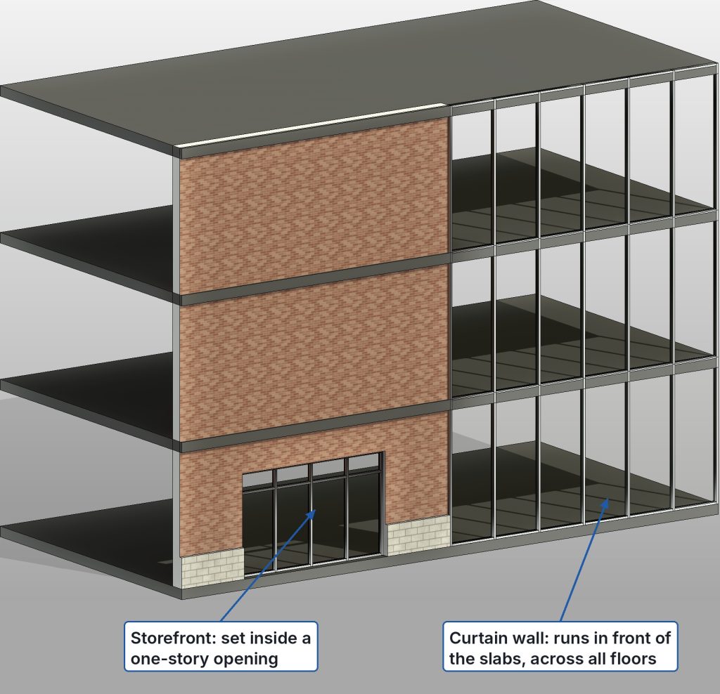 Storefront vs Curtain Wall: Key Differences and How to Model Each in Revit 2 Storefront vs curtain wall in Revit 3D view – storefront embedded in a ground floor wall and curtain wall spanning three stories