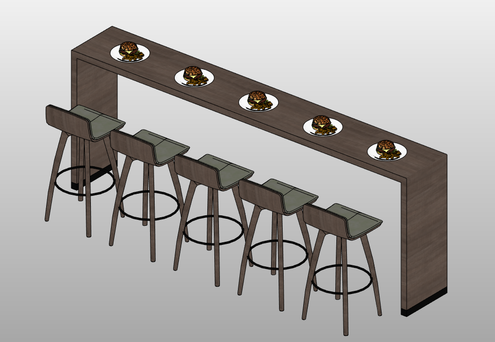 Long bar counter with 5 bar stools