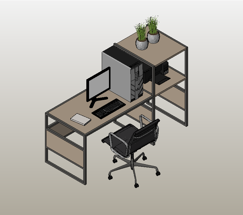 L-shaped workstation with shelves and PC
