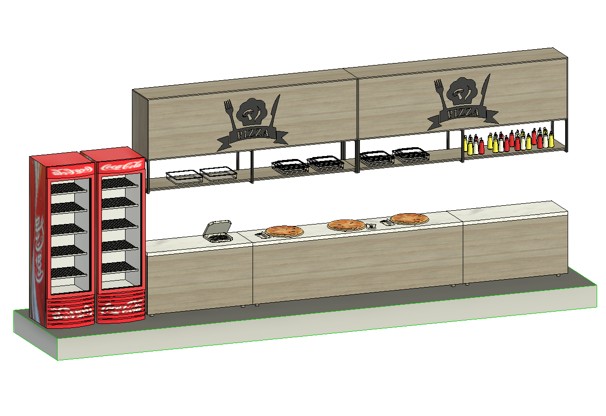 Pizzeria counter and refrigerator setup
