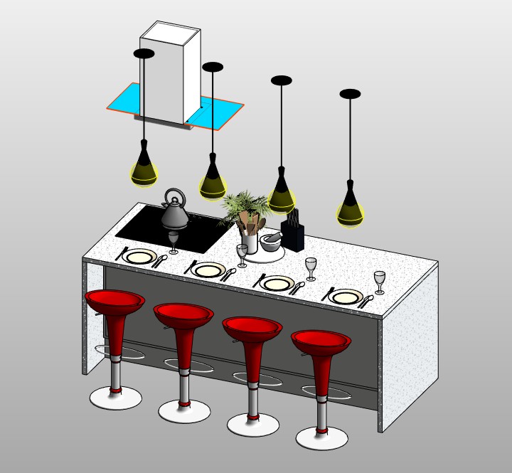 Kitchen island with cooktop and 4 stools