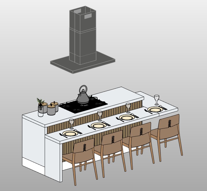 Kitchen island with cooktop and hood