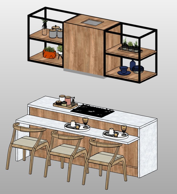 Kitchen island with 3 chairs and shelf