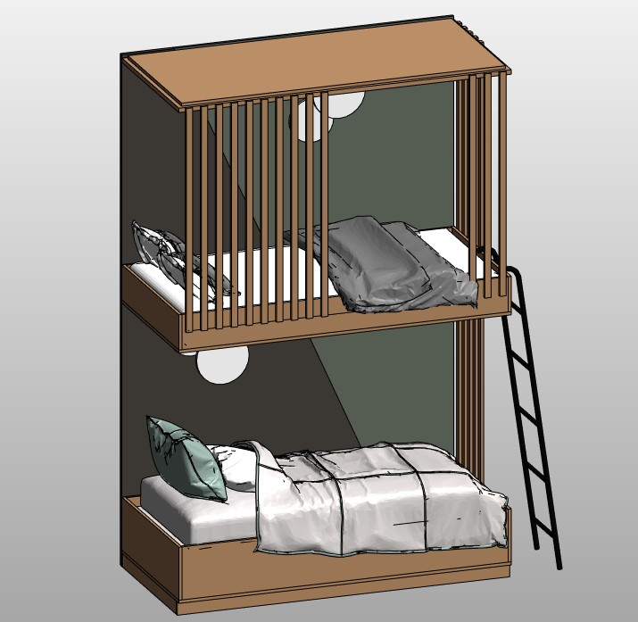 Kids bunk bed with ladder and rails