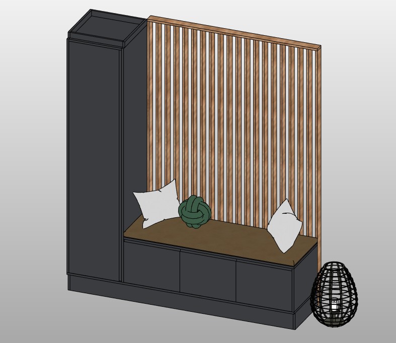 Storage bench with slatted wood panel