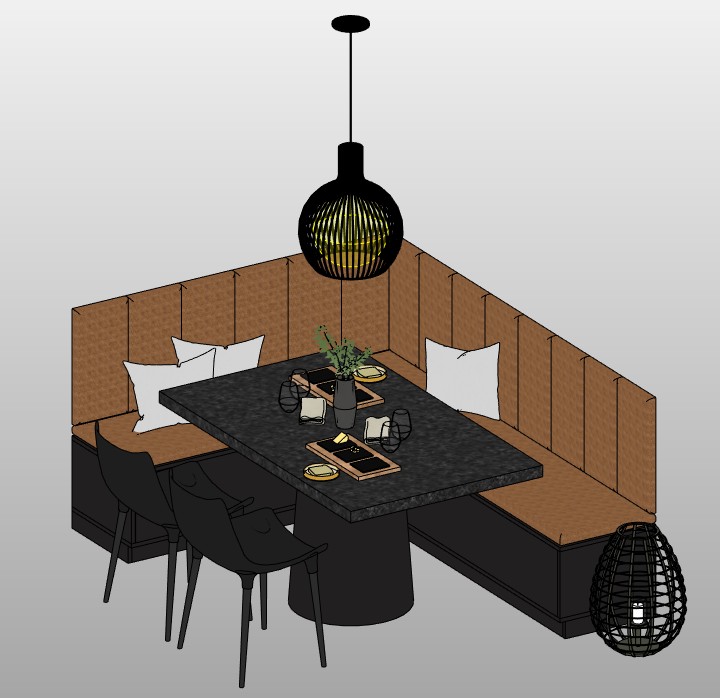 Corner dining banquette with table