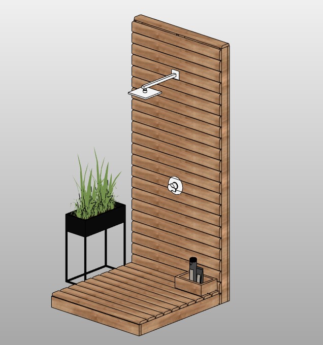 Outdoor shower with wood panel