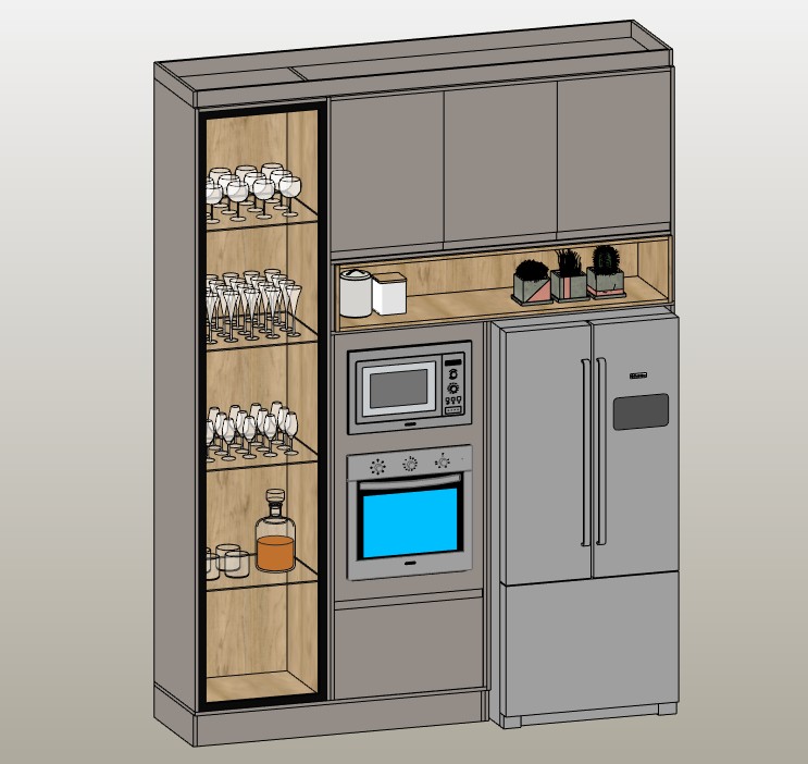 Kitchen unit with oven and fridge