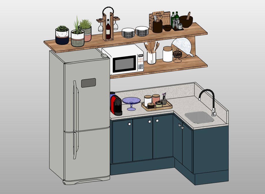 Compact kitchen with floating shelves