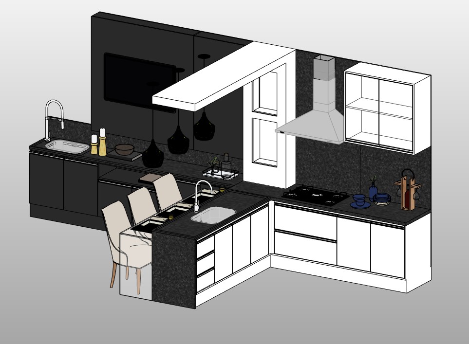 Complete kitchen with island and hood