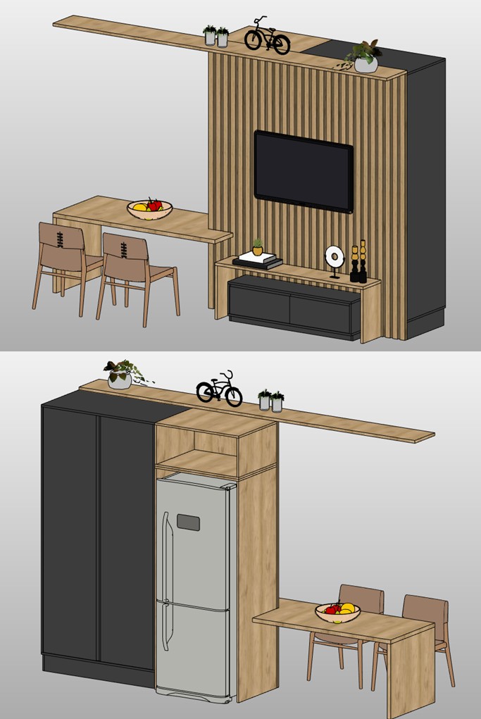 TV panel with kitchen and dining set