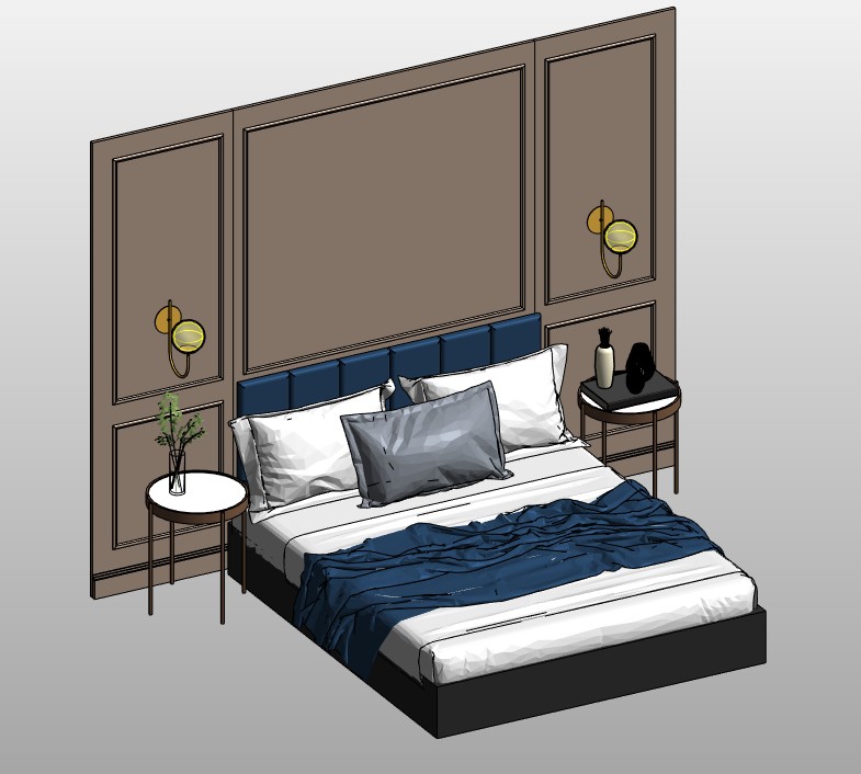 Double bed with paneled headboard wall