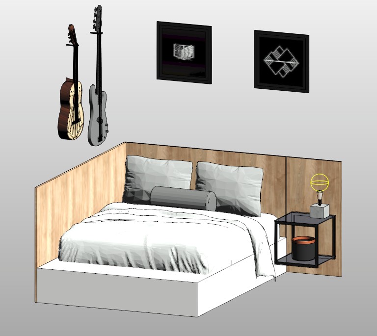 Double bed with wood panel headboard