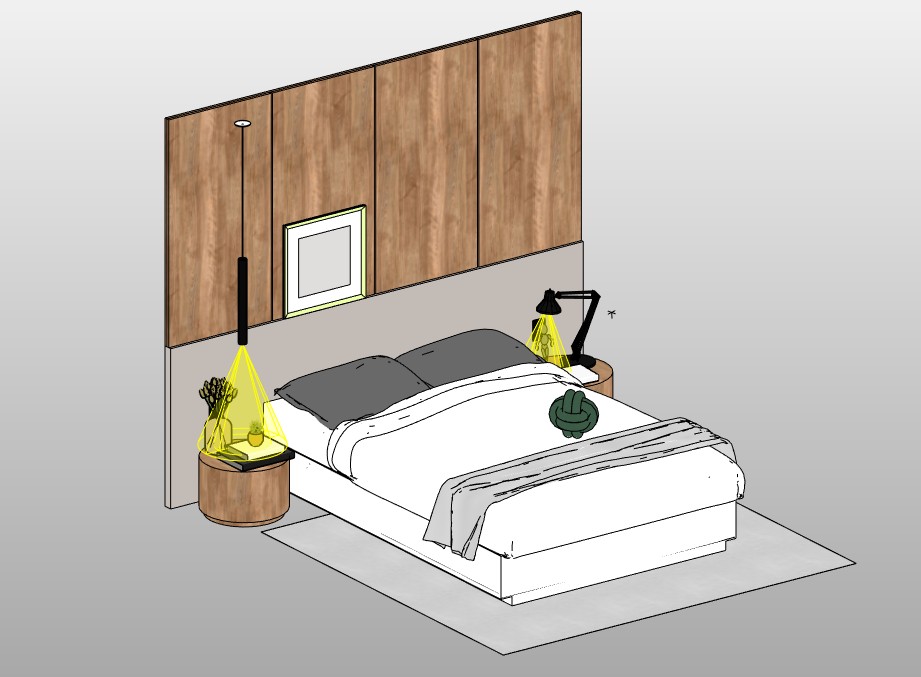 Bedroom set with wood panel wall