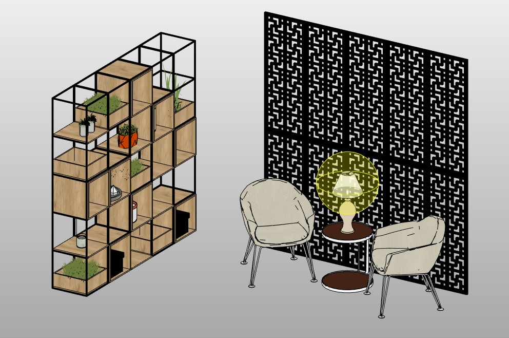 Bookcase with decorative screen