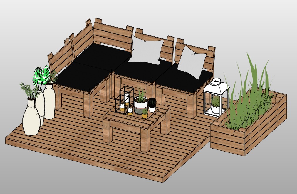 Outdoor lounge with wood bench seating