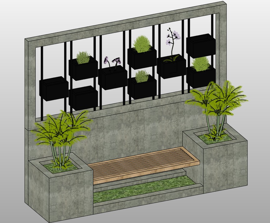 Planter bench with palms and greenery