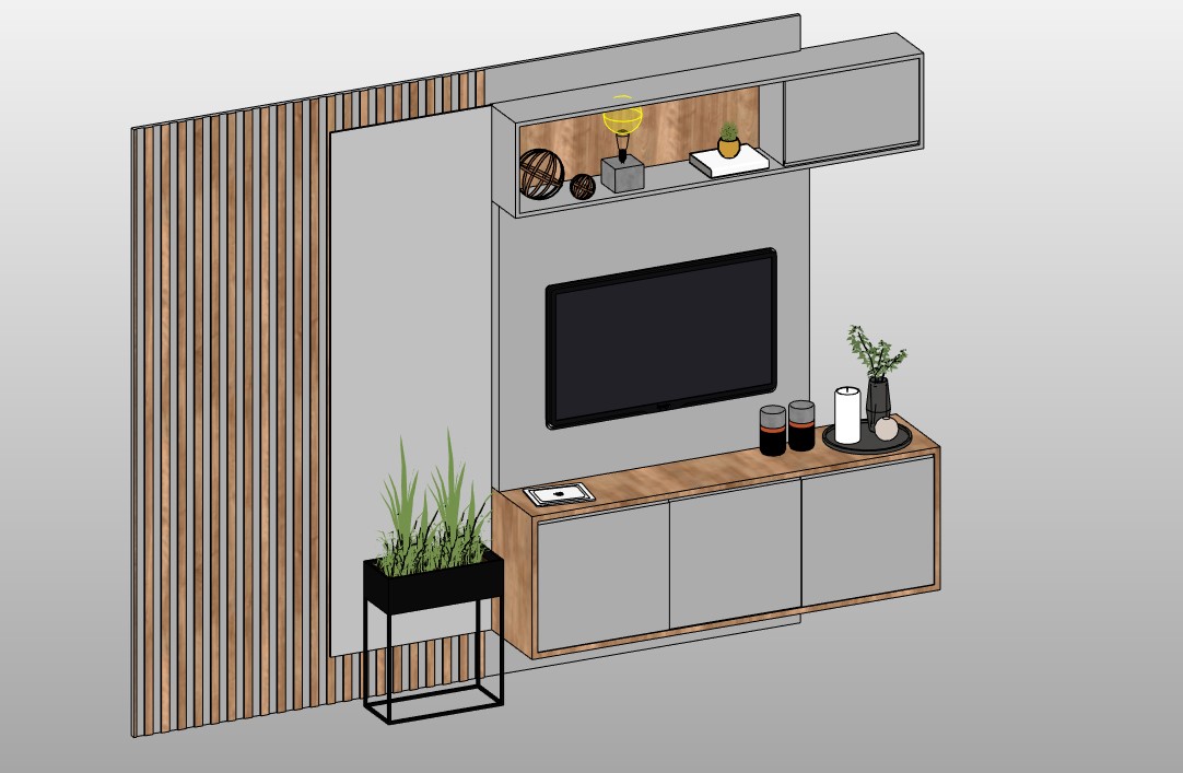 Bedroom TV panel with wall cabinets