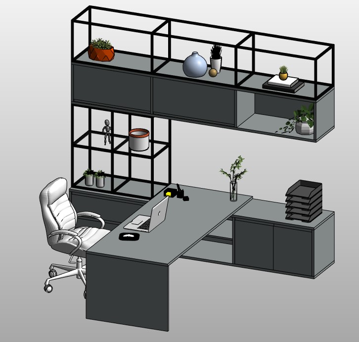 Executive desk with wall shelving