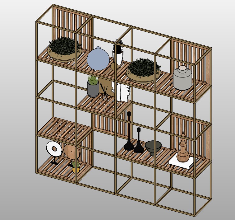 Decorative shelf unit with grid frame 1 Decorative shelf unit with grid frame