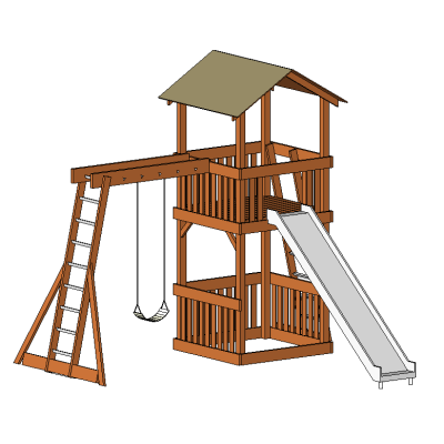 Wooden play structure with 3 play zones