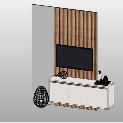 Slatted TV panel with media cabinet