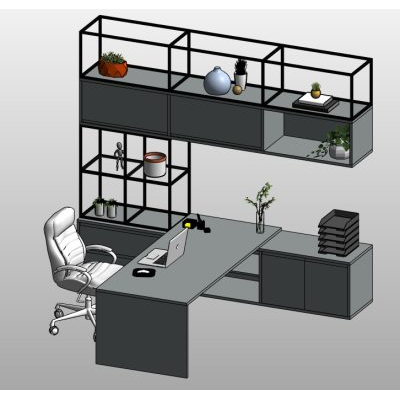 Executive desk with wall shelving