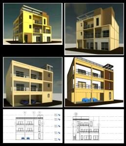 Commercial building 3 levels with private parking - revit