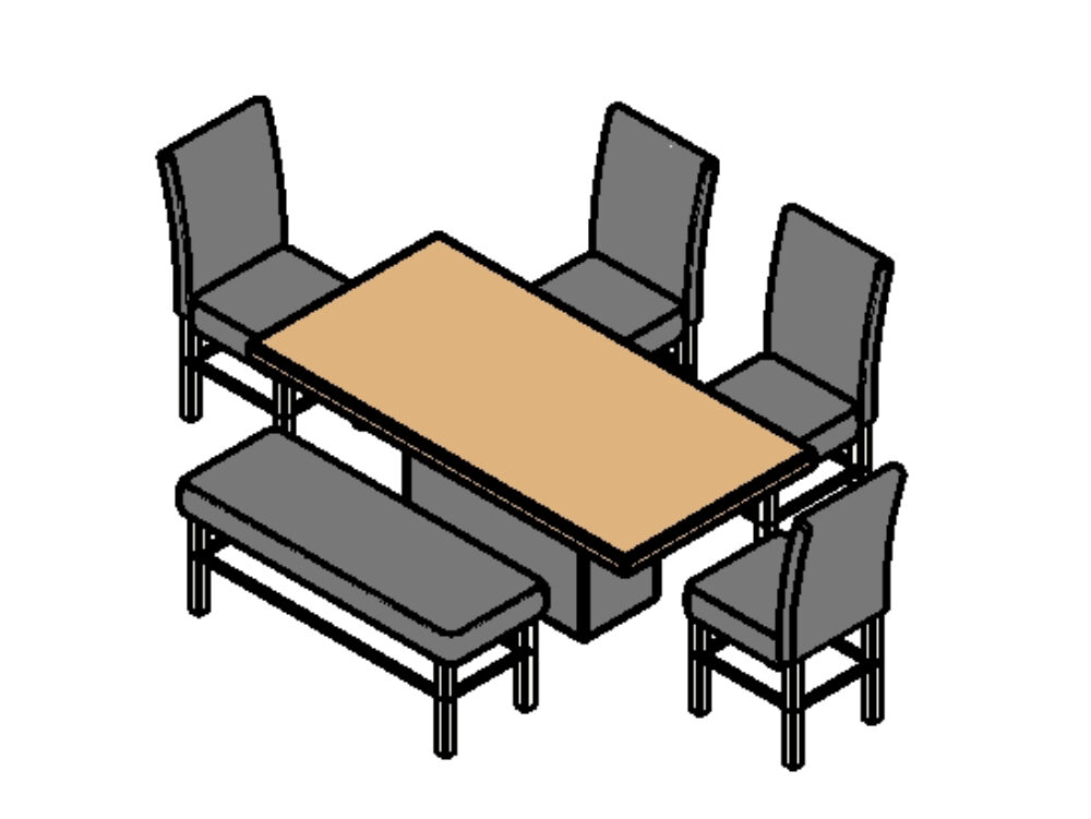 Dining room with four chairs with bench.