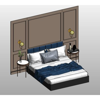 Double bed with paneled headboard wall