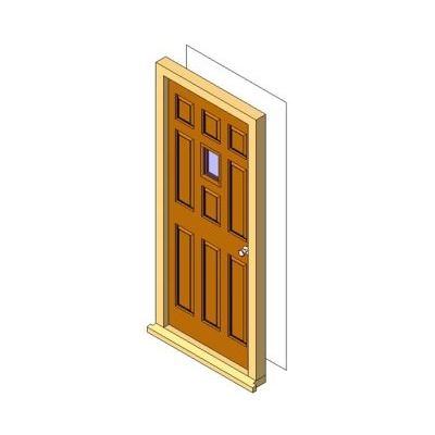 Wooden entry door with central glass panel