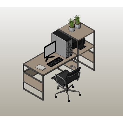 L-shaped workstation with shelves and PC