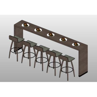 Long bar counter with 5 bar stools