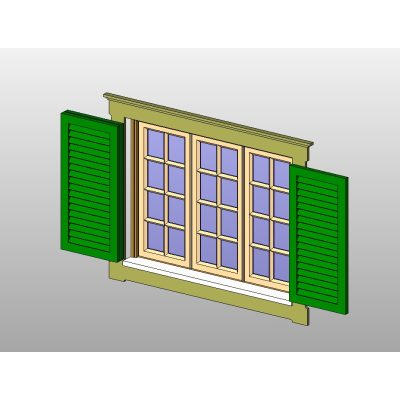 Window with detailed louvered shutters