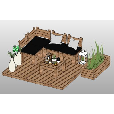 Outdoor lounge with wood bench seating