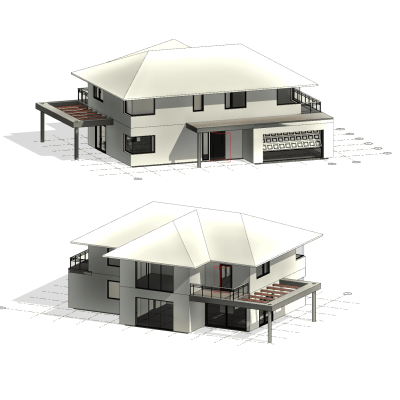 Contemporary Two-Story House with Hip Roof, Garage and Pergola