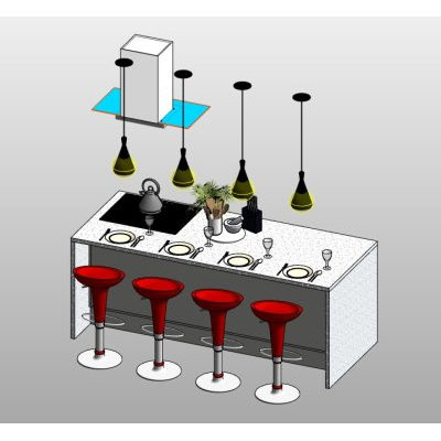 Kitchen island with cooktop and 4 stools